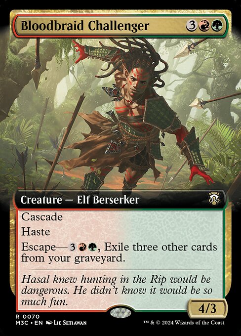 Cascade
Haste
Escape—{3}{R}{G}, Exile three other cards from your graveyard. (You may cast this card from your graveyard for its escape cost.)