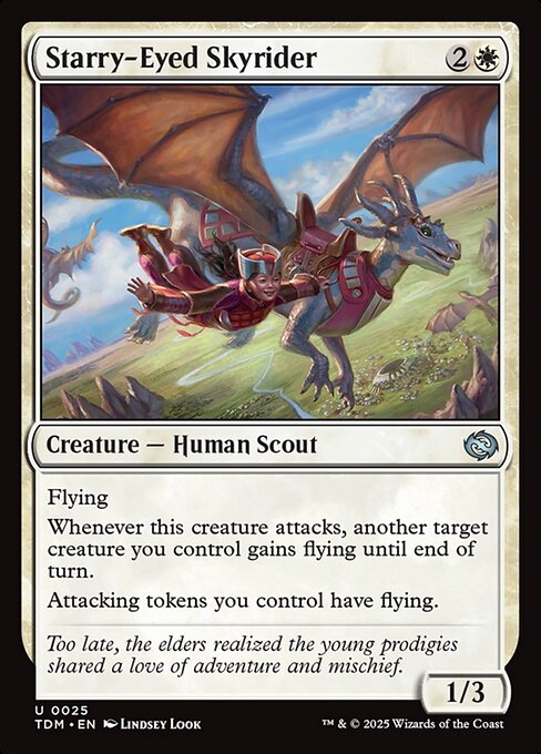 Flying
Whenever this creature attacks, another target creature you control gains flying until end of turn.
Attacking tokens you control have flying.