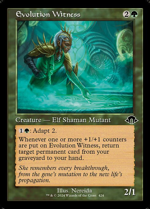 {1}{G}: Adapt 2. (If this creature has no +1/+1 counters on it, put two +1/+1 counters on it.)
Whenever one or more +1/+1 counters are put on Evolution Witness, return target permanent card from your graveyard to your hand.