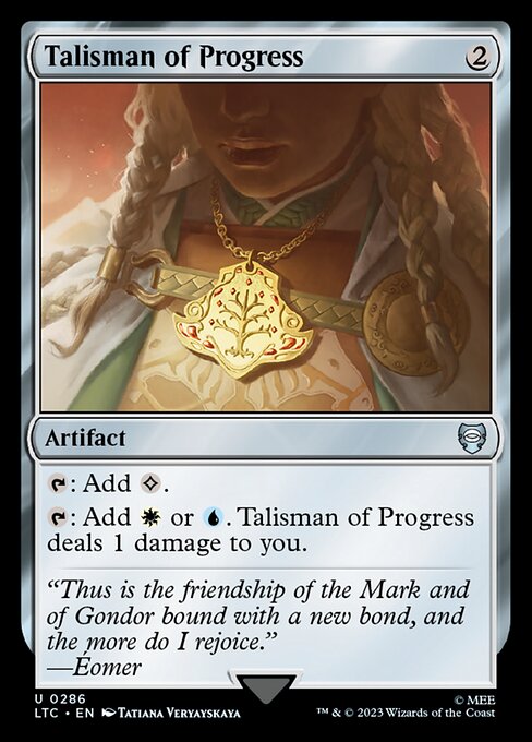 {T}: Add {C}.
{T}: Add {W} or {U}. Talisman of Progress deals 1 damage to you.