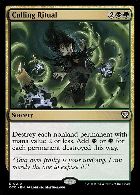 Destroy each nonland permanent with mana value 2 or less. Add {B} or {G} for each permanent destroyed this way.