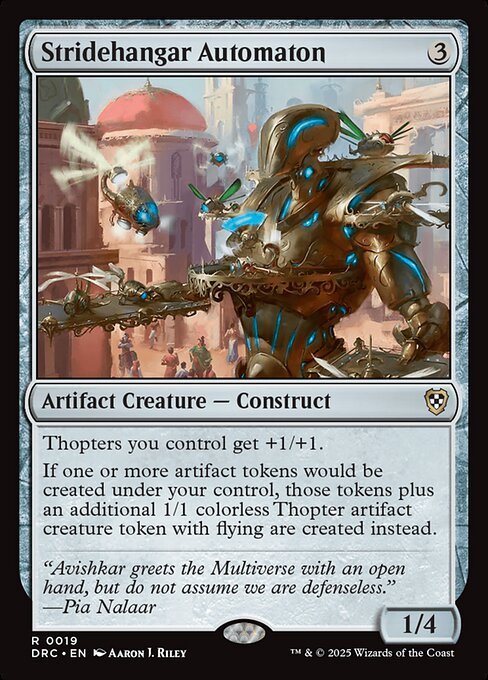 Thopters you control get +1/+1.
If one or more artifact tokens would be created under your control, those tokens plus an additional 1/1 colorless Thopter artifact creature token with flying are created instead.
