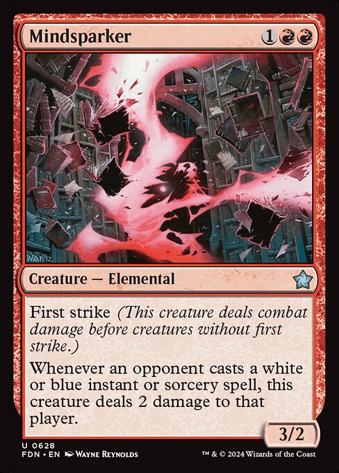 First strike (This creature deals combat damage before creatures without first strike.)
Whenever an opponent casts a white or blue instant or sorcery spell, this creature deals 2 damage to that player.