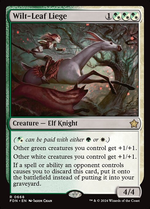 ({G/W} can be paid with either {G} or {W}.)
Other green creatures you control get +1/+1.
Other white creatures you control get +1/+1.
If a spell or ability an opponent controls causes you to discard this card, put it onto the battlefield instead of putting it into your graveyard.