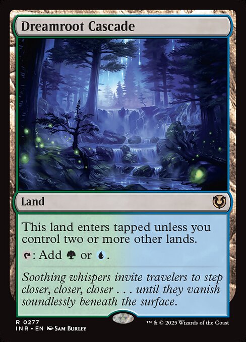 This land enters tapped unless you control two or more other lands.
{T}: Add {G} or {U}.