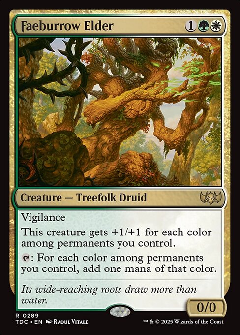 Vigilance
This creature gets +1/+1 for each color among permanents you control.
{T}: For each color among permanents you control, add one mana of that color.