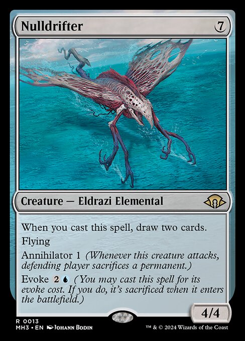 When you cast this spell, draw two cards.
Flying
Annihilator 1 (Whenever this creature attacks, defending player sacrifices a permanent.)
Evoke {2}{U} (You may cast this spell for its evoke cost. If you do, it's sacrificed when it enters the battlefield.)