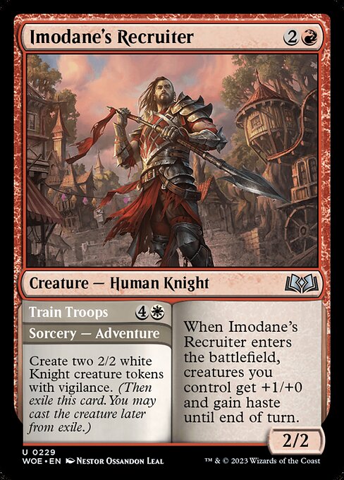 When Imodane's Recruiter enters the battlefield, creatures you control get +1/+0 and gain haste until end of turn. Create two 2/2 white Knight creature tokens with vigilance. (Then exile this card. You may cast the creature later from exile.)