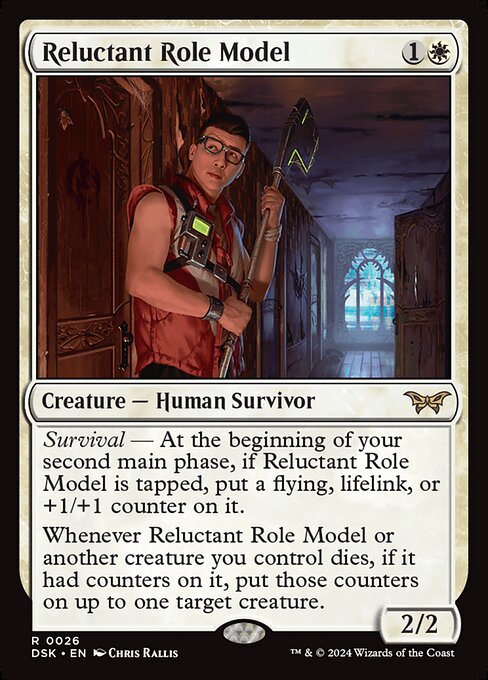 Survival — At the beginning of your second main phase, if Reluctant Role Model is tapped, put a flying, lifelink, or +1/+1 counter on it.
Whenever Reluctant Role Model or another creature you control dies, if it had counters on it, put those counters on up to one target creature.