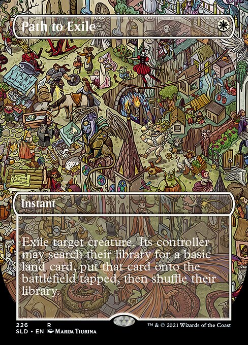 Exile target creature. Its controller may search their library for a basic land card, put that card onto the battlefield tapped, then shuffle.