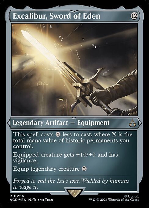 This spell costs {X} less to cast, where X is the total mana value of historic permanents you control. (Artifacts, legendaries, and Sagas are historic.)
Equipped creature gets +10/+0 and has vigilance.
Equip legendary creature {2}