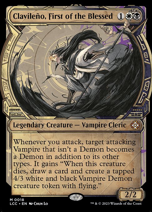 Whenever you attack, target attacking Vampire that isn't a Demon becomes a Demon in addition to its other types. It gains "When this creature dies, draw a card and create a tapped 4/3 white and black Vampire Demon creature token with flying."