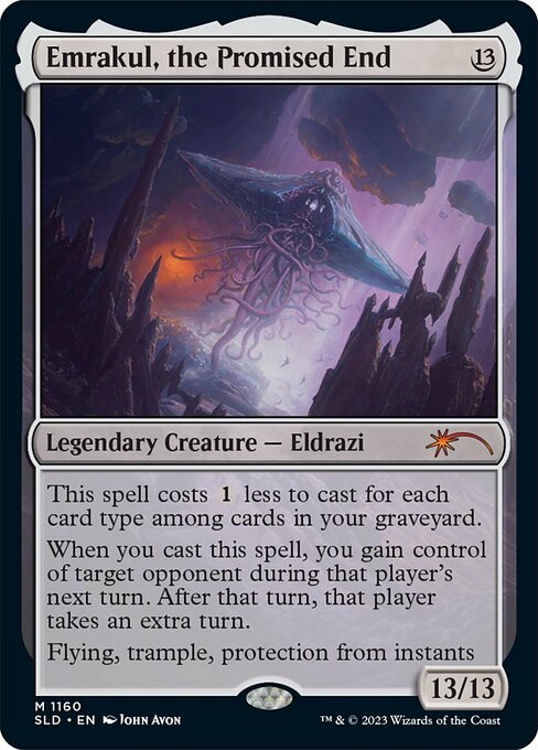 This spell costs {1} less to cast for each card type among cards in your graveyard.
When you cast this spell, you gain control of target opponent during that player's next turn. After that turn, that player takes an extra turn.
Flying, trample, protection from instants