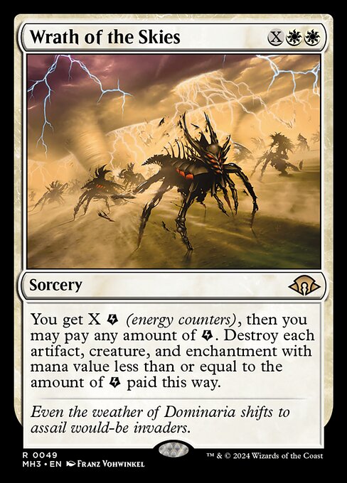 You get X {E} (energy counters), then you may pay any amount of {E}. Destroy each artifact, creature, and enchantment with mana value less than or equal to the amount of {E} paid this way.