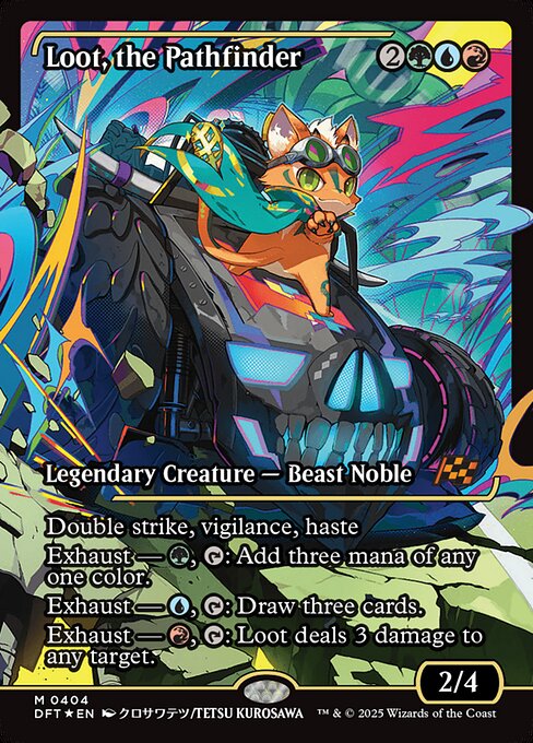 Double strike, vigilance, haste
Exhaust — {G}, {T}: Add three mana of any one color. (Activate each exhaust ability only once.)
Exhaust — {U}, {T}: Draw three cards.
Exhaust — {R}, {T}: Loot deals 3 damage to any target.
