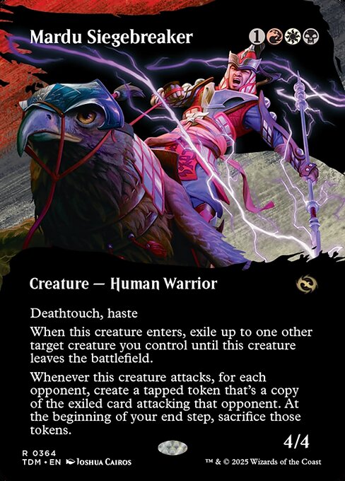 Deathtouch, haste
When this creature enters, exile up to one other target creature you control until this creature leaves the battlefield.
Whenever this creature attacks, for each opponent, create a tapped token that's a copy of the exiled card attacking that opponent. At the beginning of your end step, sacrifice those tokens.