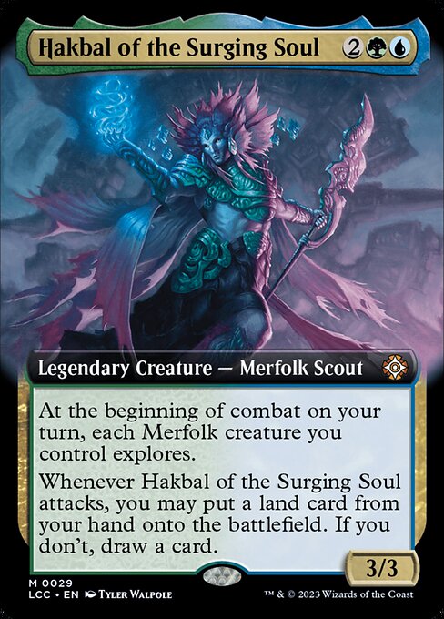 At the beginning of combat on your turn, each Merfolk creature you control explores. (Reveal the top card of your library. Put that card into your hand if it's a land. Otherwise, put a +1/+1 counter on the exploring creature, then put the card back or put it into your graveyard.)
Whenever Hakbal attacks, you may put a land card from your hand onto the battlefield. If you don't, draw a card.
