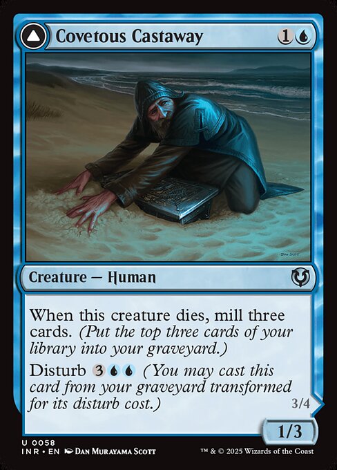 When Covetous Castaway dies, mill three cards. (Put the top three cards of your library into your graveyard.)
Disturb {3}{U}{U} (You may cast this card from your graveyard transformed for its disturb cost.) Flying
When Ghostly Castigator enters, you may shuffle up to three target cards from your graveyard into your library.
If Ghostly Castigator would be put into a graveyard from anywhere, exile it instead.