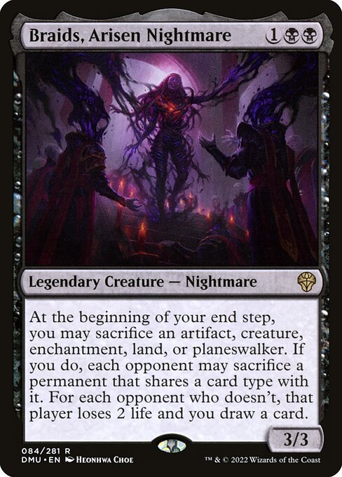 At the beginning of your end step, you may sacrifice an artifact, creature, enchantment, land, or planeswalker. If you do, each opponent may sacrifice a permanent that shares a card type with it. For each opponent who doesn't, that player loses 2 life and you draw a card.