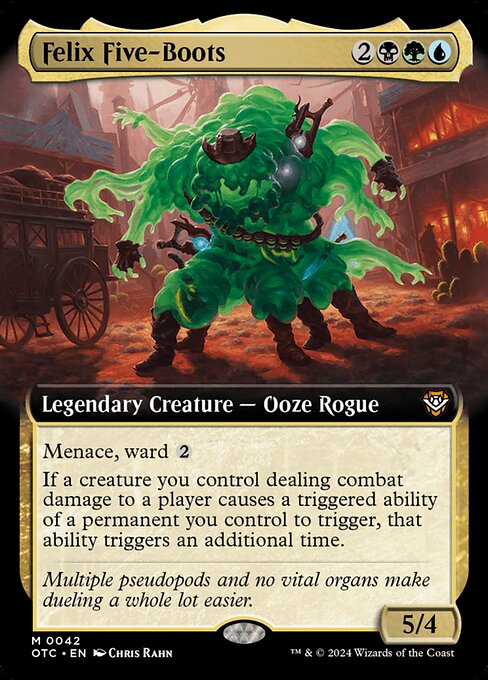 Menace, ward {2}
If a creature you control dealing combat damage to a player causes a triggered ability of a permanent you control to trigger, that ability triggers an additional time.