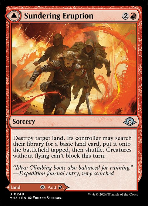 Destroy target land. Its controller may search their library for a basic land card, put it onto the battlefield tapped, then shuffle. Creatures without flying can't block this turn. As Volcanic Fissure enters the battlefield, you may pay 3 life. If you don't, it enters the battlefield tapped.
{T}: Add {R}.
