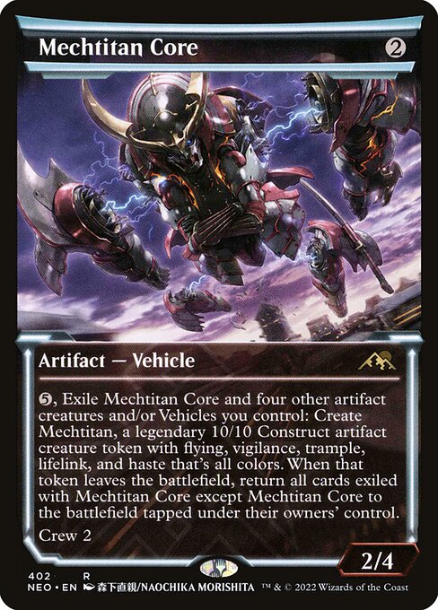 {5}, Exile Mechtitan Core and four other artifact creatures and/or Vehicles you control: Create Mechtitan, a legendary 10/10 Construct artifact creature token with flying, vigilance, trample, lifelink, and haste that's all colors. When that token leaves the battlefield, return all cards exiled with Mechtitan Core except Mechtitan Core to the battlefield tapped under their owners' control.
Crew 2