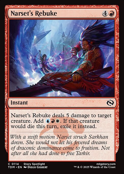 Narset's Rebuke deals 5 damage to target creature. Add {U}{R}{W}. If that creature would die this turn, exile it instead.