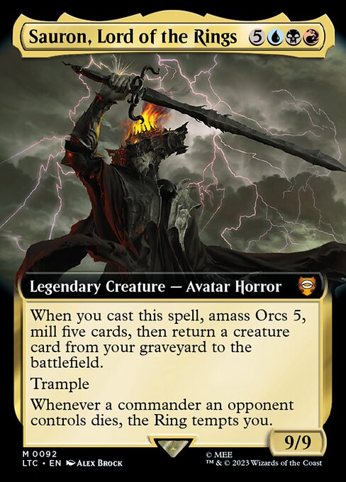 When you cast this spell, amass Orcs 5, mill five cards, then return a creature card from your graveyard to the battlefield.
Trample
Whenever a commander an opponent controls dies, the Ring tempts you.