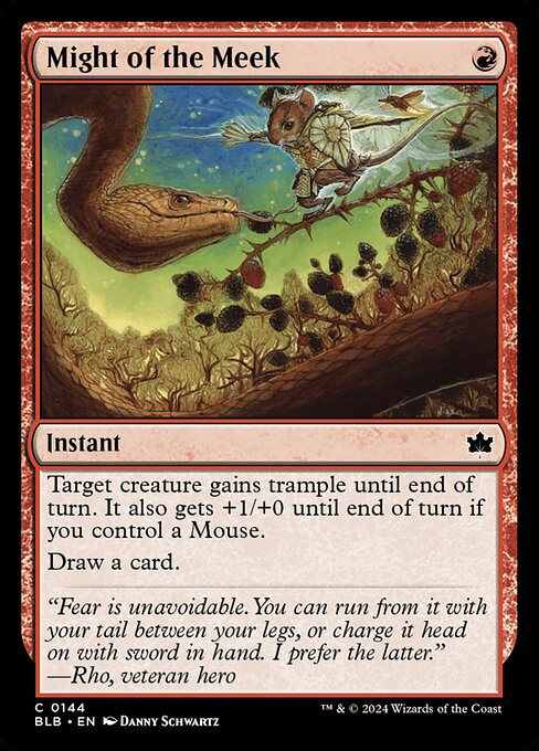 Target creature gains trample until end of turn. It also gets +1/+0 until end of turn if you control a Mouse.
Draw a card.