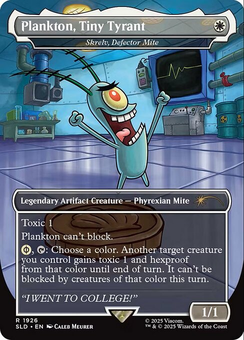 Toxic 1 (Players dealt combat damage by this creature also get a poison counter.)
Skrelv can't block.
{W/P}, {T}: Choose a color. Another target creature you control gains toxic 1 and hexproof from that color until end of turn. It can't be blocked by creatures of that color this turn. ({W/P} can be paid with either {W} or 2 life.)