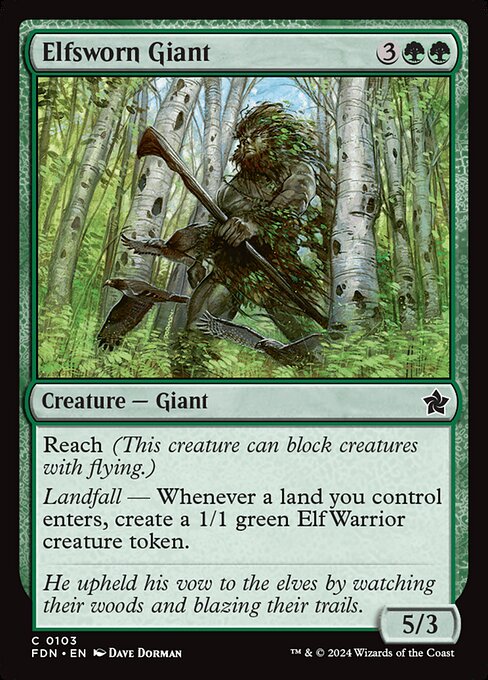 Reach (This creature can block creatures with flying.)
Landfall — Whenever a land you control enters, create a 1/1 green Elf Warrior creature token.