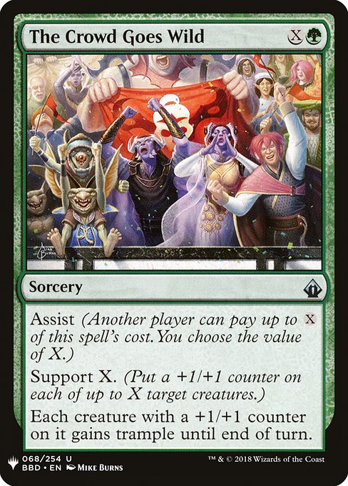 Assist (Another player can pay up to {X} of this spell's cost. You choose the value of X.)
Support X. (Put a +1/+1 counter on each of up to X target creatures.)
Each creature with a +1/+1 counter on it gains trample until end of turn.