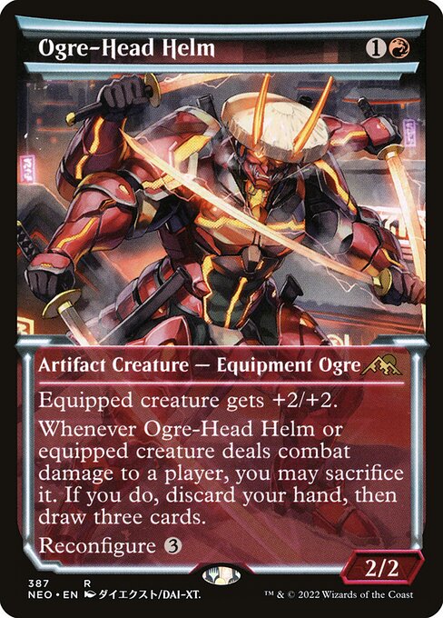 Equipped creature gets +2/+2.
Whenever Ogre-Head Helm or equipped creature deals combat damage to a player, you may sacrifice it. If you do, discard your hand, then draw three cards.
Reconfigure {3} ({3}: Attach to target creature you control; or unattach from a creature. Reconfigure only as a sorcery. While attached, this isn't a creature.)