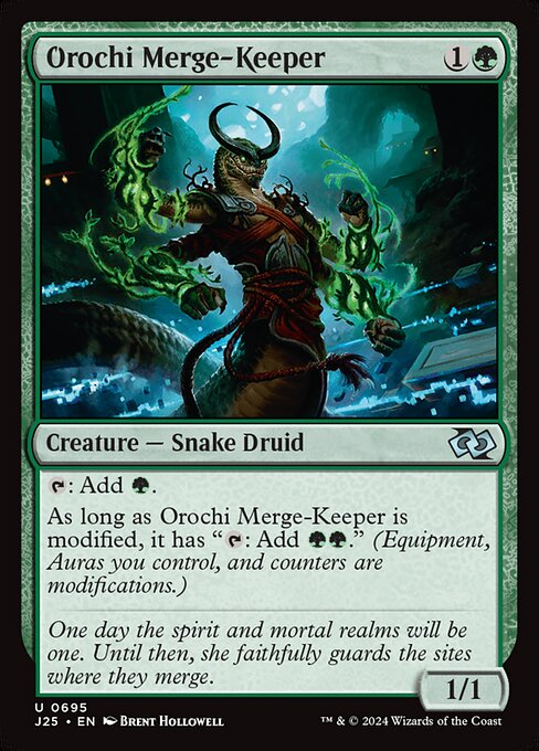 {T}: Add {G}.
As long as Orochi Merge-Keeper is modified, it has "{T}: Add {G}{G}." (Equipment, Auras you control, and counters are modifications.)