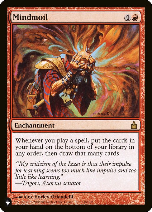 Whenever you cast a spell, put the cards in your hand on the bottom of your library in any order, then draw that many cards.