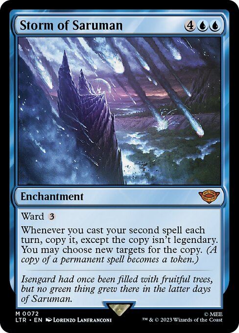 Ward {3}
Whenever you cast your second spell each turn, copy it, except the copy isn't legendary. You may choose new targets for the copy. (A copy of a permanent spell becomes a token.)