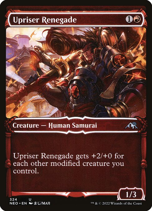 Upriser Renegade gets +2/+0 for each other modified creature you control. (Equipment, Auras you control, and counters are modifications.)
