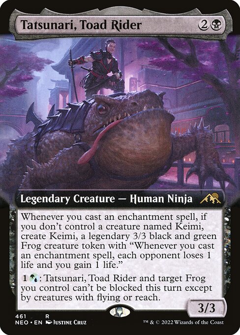 Whenever you cast an enchantment spell, if you don't control a creature named Keimi, create Keimi, a legendary 3/3 black and green Frog creature token with "Whenever you cast an enchantment spell, each opponent loses 1 life and you gain 1 life."
{1}{G/U}: Tatsunari, Toad Rider and target Frog you control can't be blocked this turn except by creatures with flying or reach.