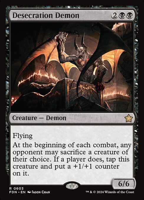 Flying
At the beginning of each combat, any opponent may sacrifice a creature of their choice. If a player does, tap this creature and put a +1/+1 counter on it.