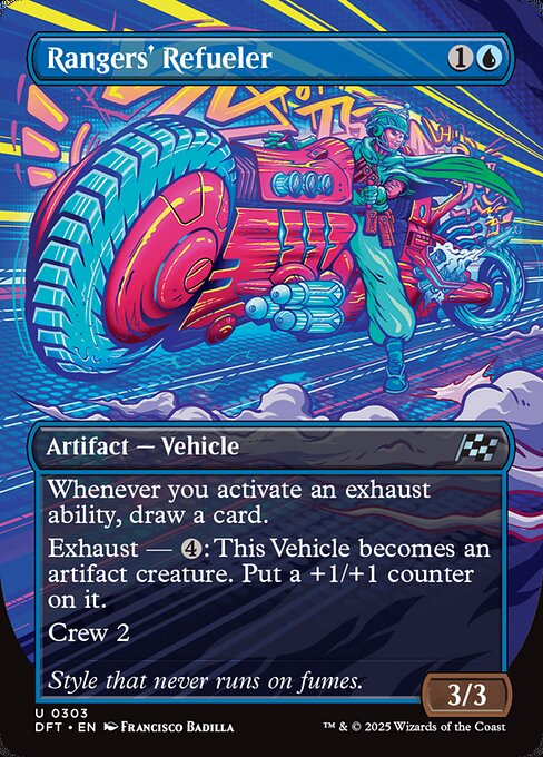 Whenever you activate an exhaust ability, draw a card.
Exhaust — {4}: This Vehicle becomes an artifact creature. Put a +1/+1 counter on it. (Activate each exhaust ability only once.)
Crew 2