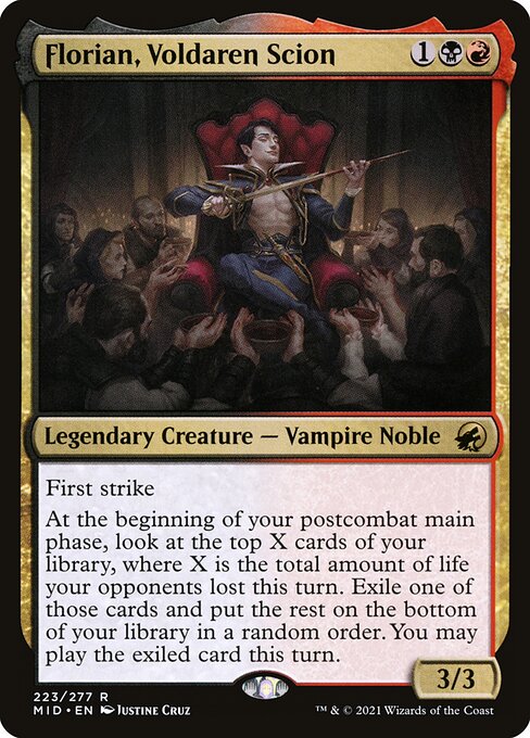 First strike
At the beginning of your postcombat main phase, look at the top X cards of your library, where X is the total amount of life your opponents lost this turn. Exile one of those cards and put the rest on the bottom of your library in a random order. You may play the exiled card this turn.