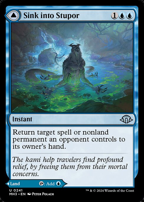Return target spell or nonland permanent an opponent controls to its owner's hand. As Soporific Springs enters the battlefield, you may pay 3 life. If you don't, it enters the battlefield tapped.
{T}: Add {U}.