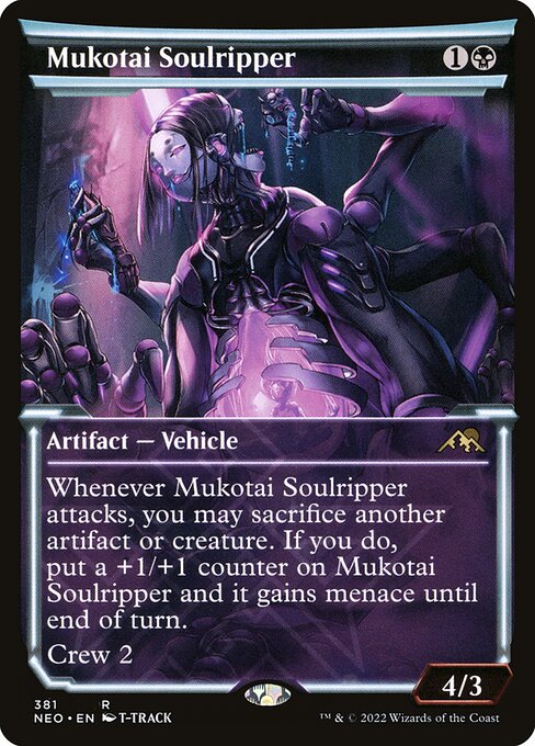 Whenever Mukotai Soulripper attacks, you may sacrifice another artifact or creature. If you do, put a +1/+1 counter on Mukotai Soulripper and it gains menace until end of turn.
Crew 2 (Tap any number of creatures you control with total power 2 or more: This Vehicle becomes an artifact creature until end of turn.)