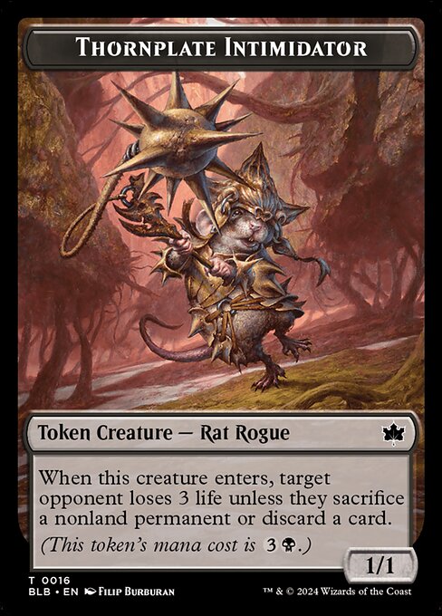 When this creature enters, target opponent loses 3 life unless they sacrifice a nonland permanent or discard a card.
(This token's mana cost is {3}{B}.)