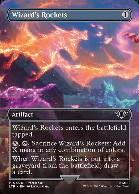 Wizard's Rockets enters the battlefield tapped.
{X}, {T}, Sacrifice Wizard's Rockets: Add X mana in any combination of colors.
When Wizard's Rockets is put into a graveyard from the battlefield, draw a card.