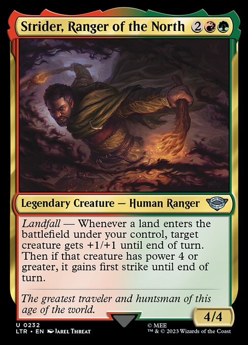 Landfall — Whenever a land enters the battlefield under your control, target creature gets +1/+1 until end of turn. Then if that creature has power 4 or greater, it gains first strike until end of turn.