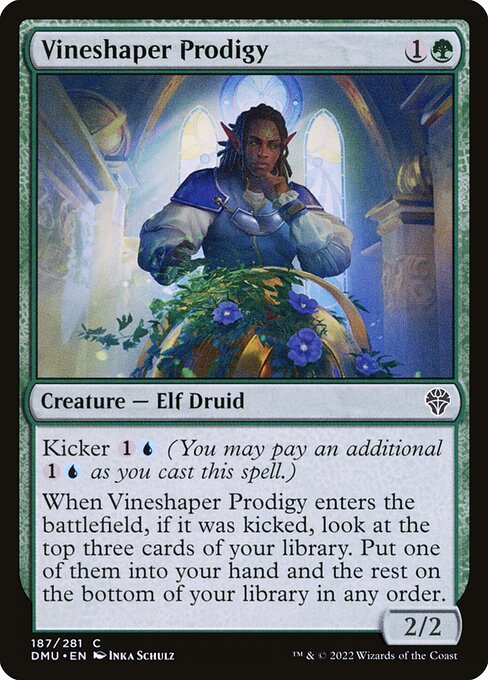 Kicker {1}{U} (You may pay an additional {1}{U} as you cast this spell.)
When Vineshaper Prodigy enters the battlefield, if it was kicked, look at the top three cards of your library. Put one of them into your hand and the rest on the bottom of your library in any order.