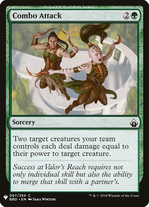 Two target creatures your team controls each deal damage equal to their power to target creature.