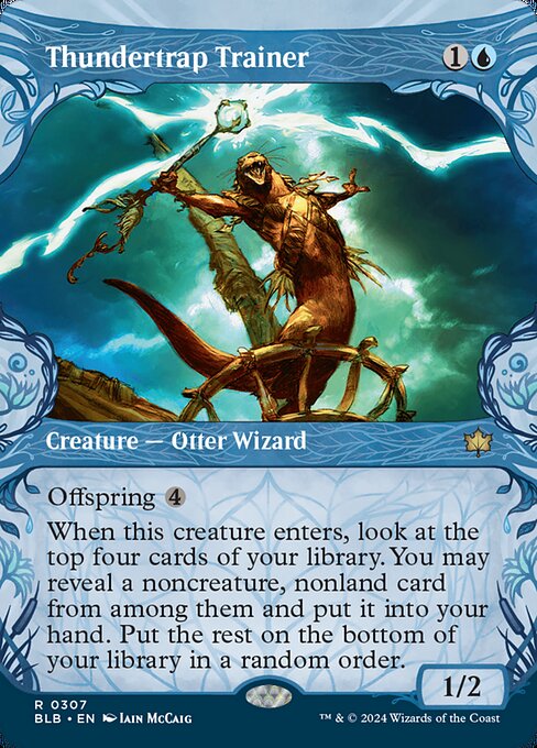 Offspring {4} (You may pay an additional {4} as you cast this spell. If you do, when this creature enters, create a 1/1 token copy of it.)
When this creature enters, look at the top four cards of your library. You may reveal a noncreature, nonland card from among them and put it into your hand. Put the rest on the bottom of your library in a random order.