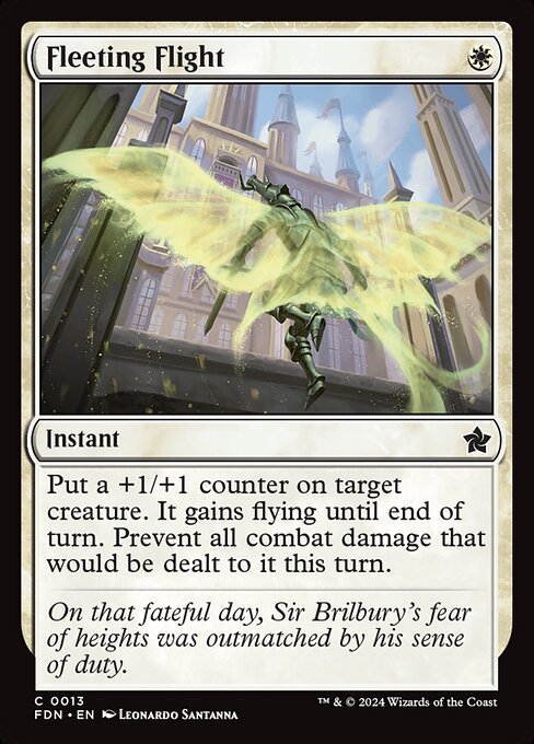 Put a +1/+1 counter on target creature. It gains flying until end of turn. Prevent all combat damage that would be dealt to it this turn.